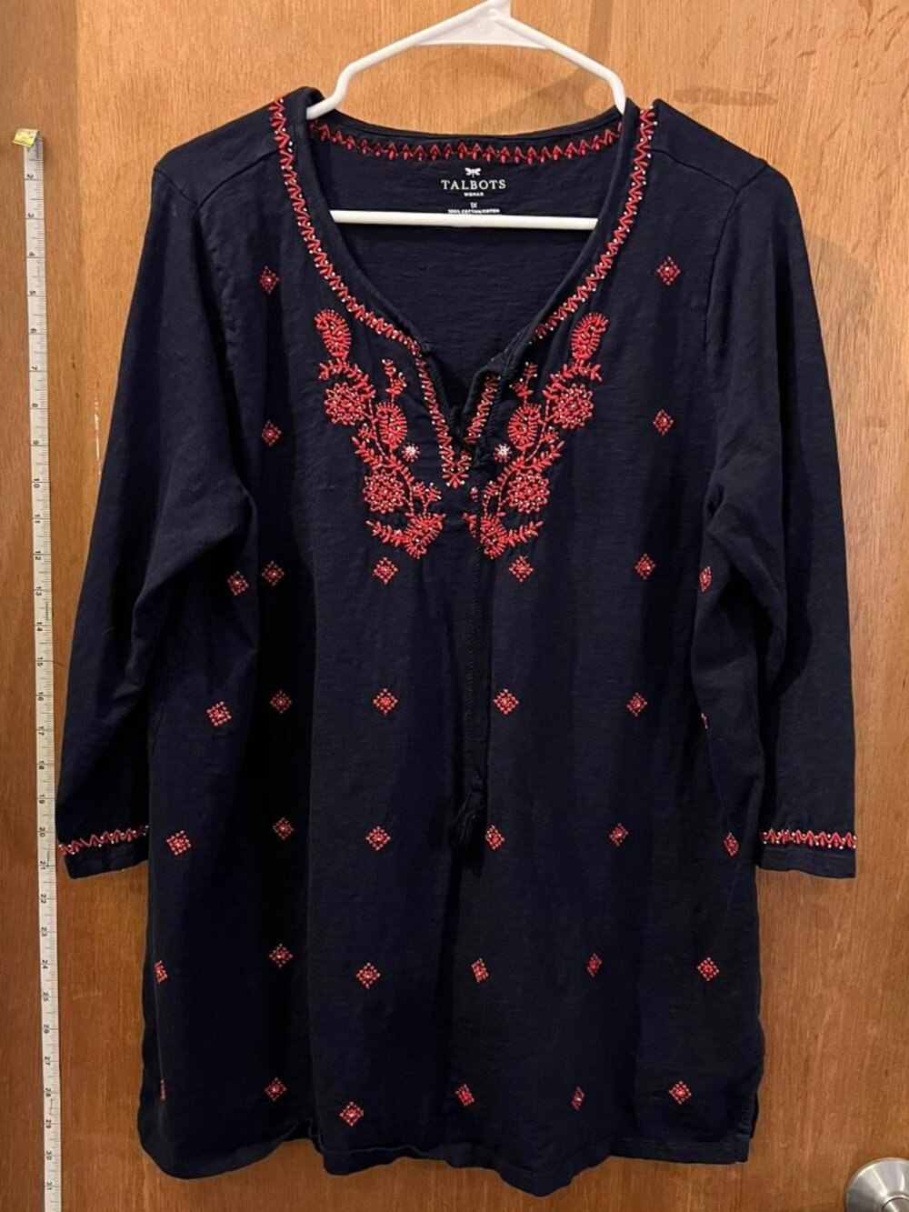 Size 1X - Talbots - Black or Navy  3/4 Sleeve w/Red Embroidery Pullover Blouse